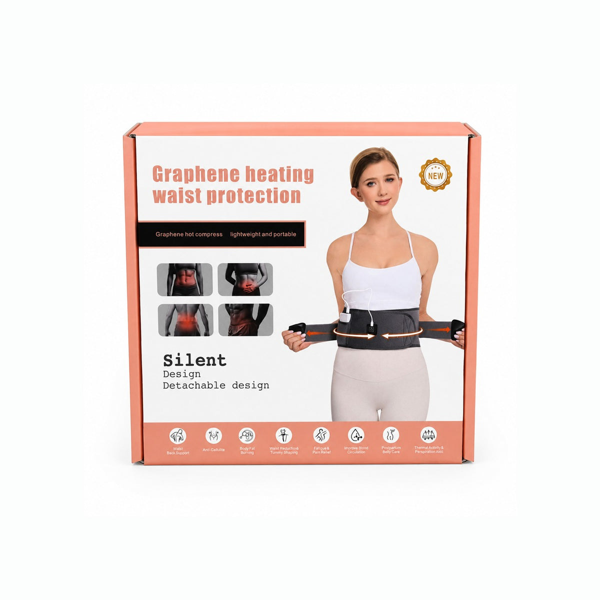 Box of graphene heating waist protection with a woman wearing the Graphene Heating Waist Support Belt on a white background