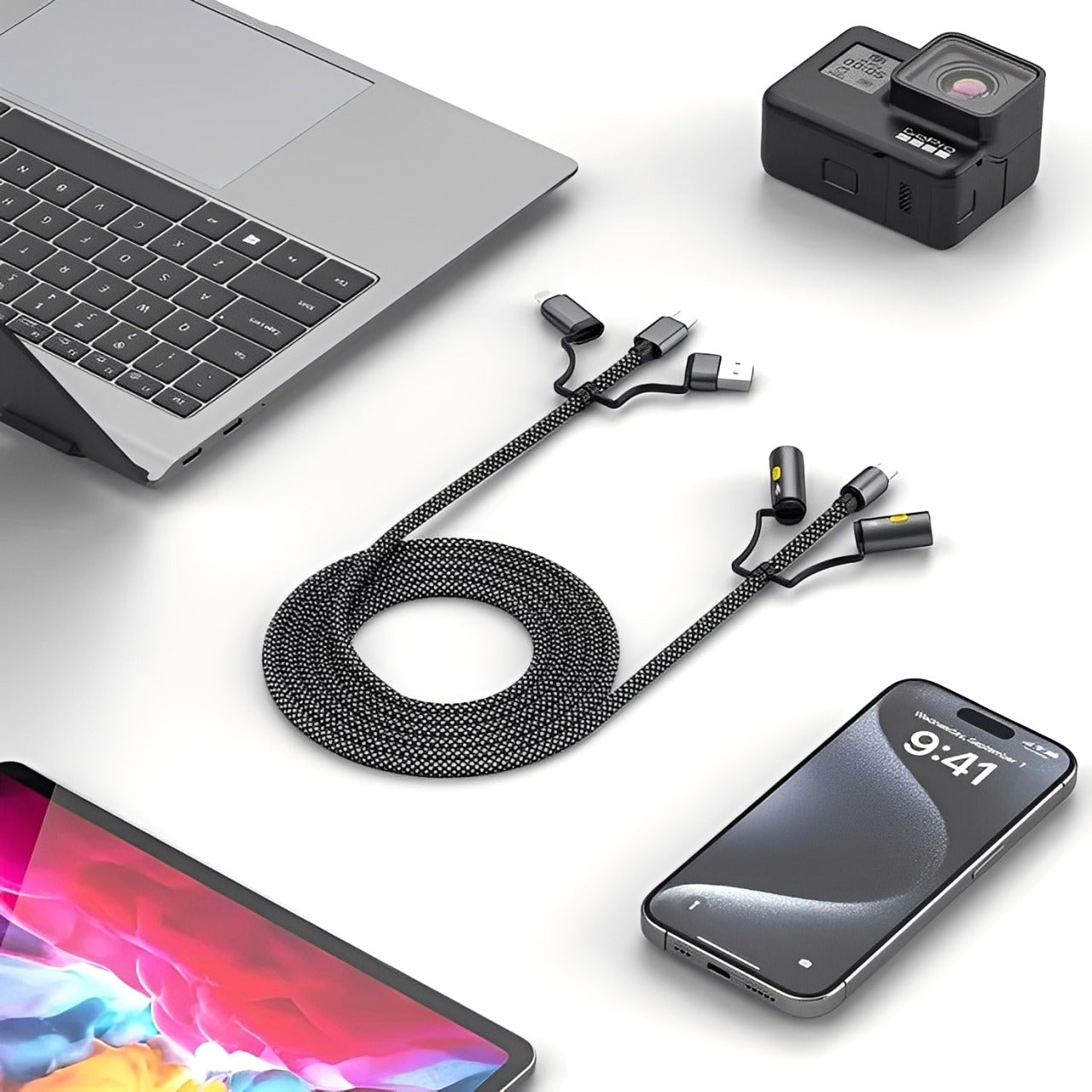 A Green Lion Multi-Function 6-in-1 Cable is placed on a white surface, surrounded by a laptop, smartphone, tablet, and an action camera, showing its compatibility with multiple devices.