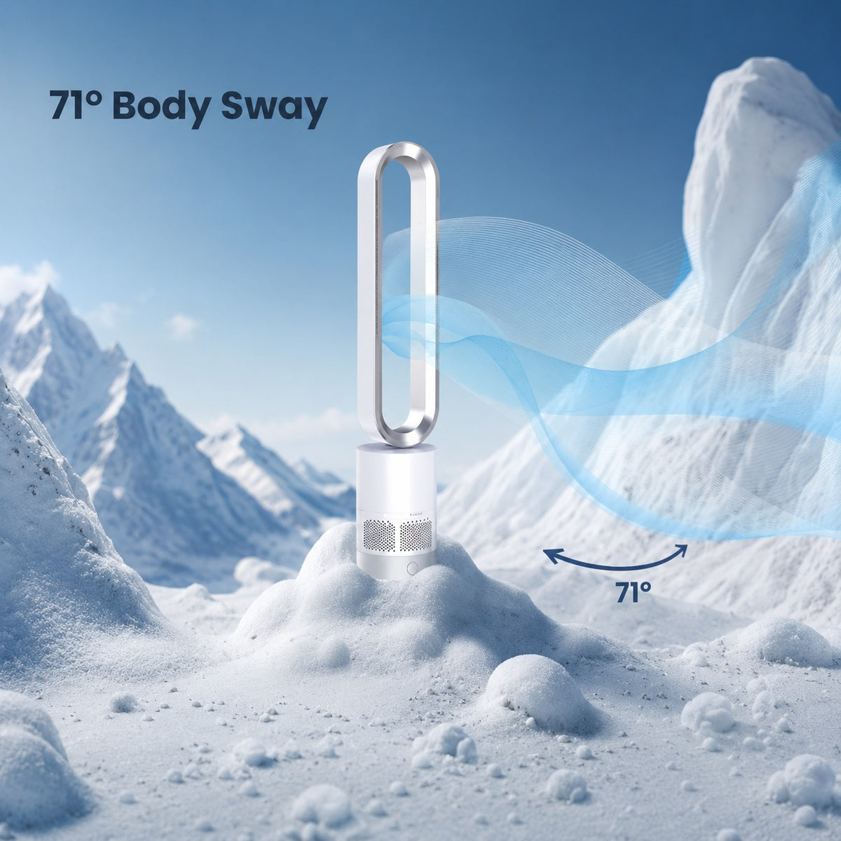 Green Lion Rechargeable Air Cooler in a snowy mountain setting with '71° Body Sway' text