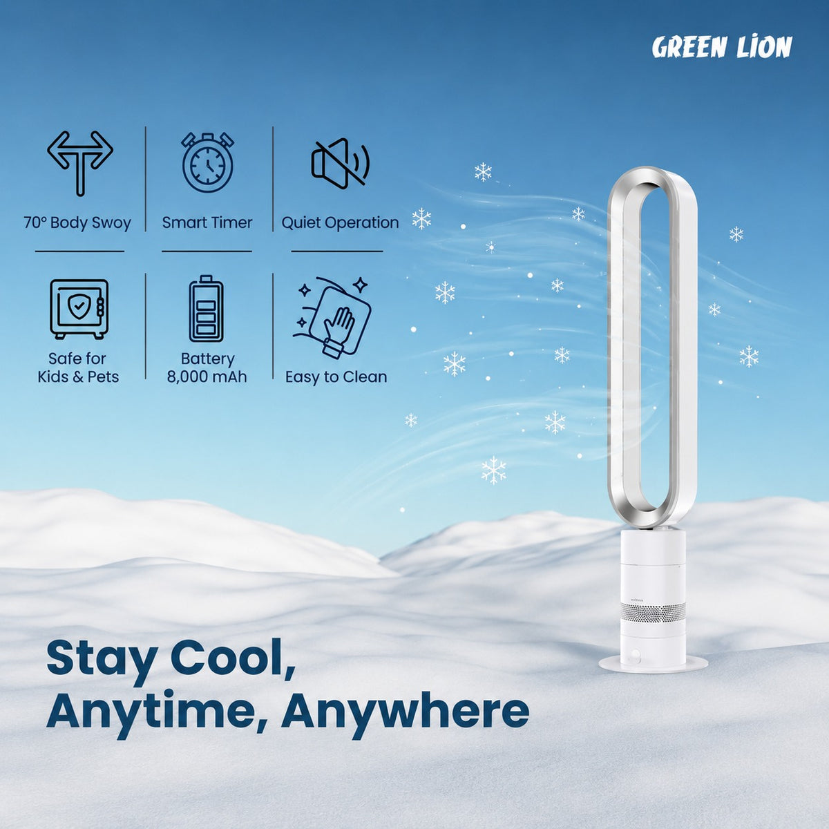 Green Lion Rechargeable Air Cooler with features listed on a snowy background