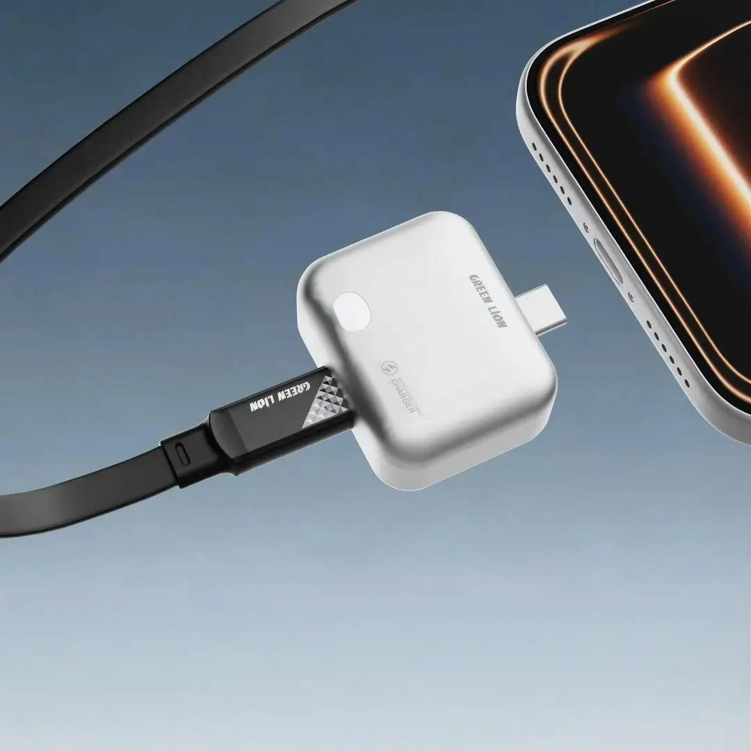 Green Lion Auto-Disconnect Smart Charger with black cable connected to a smartphone on a gradient blue background