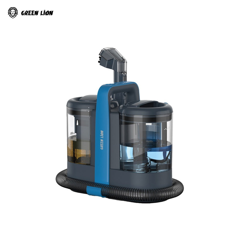 Blue and black Carpet Cleaner Pro with transparent components on a white background, featuring the Green Lion brand.