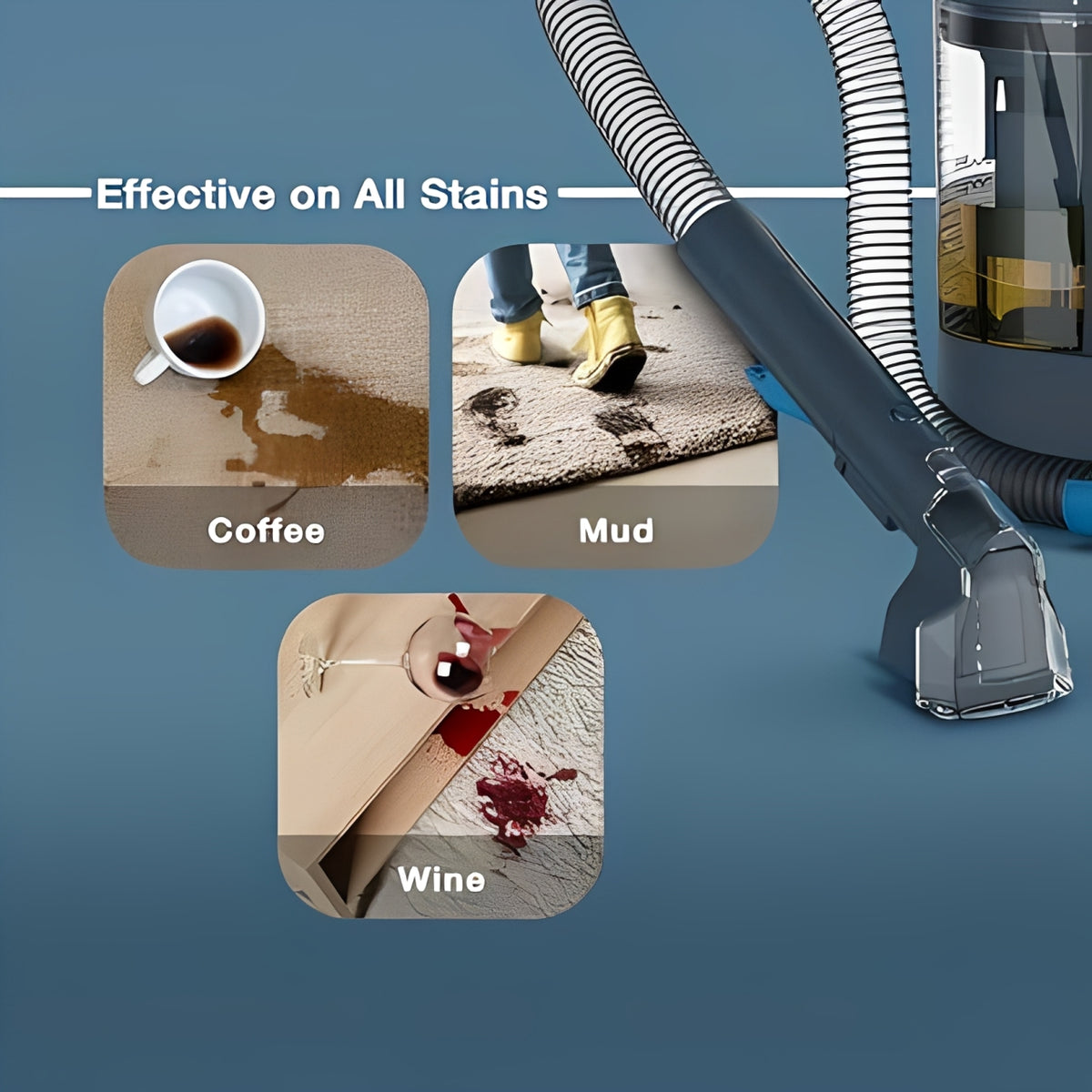 Green Lion Carpet Cleaner Pro with images of coffee, mud, and wine stains on a blue background.