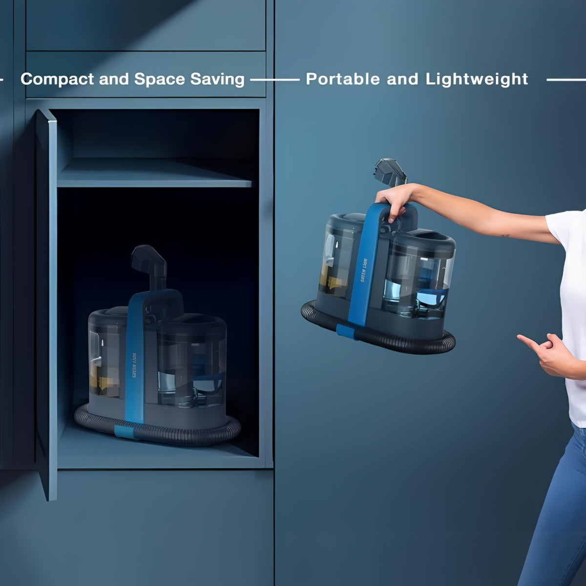 Green Lion Carpet Cleaner Pro is shown next to a cabinet with text highlighting its space-saving and portable features.