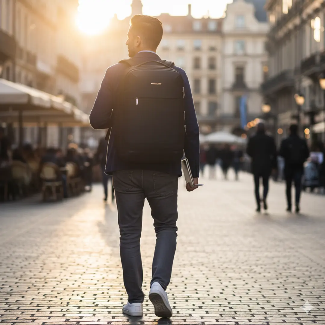 A man walking away on a cobblestone street wearing a Green Lion Chelsea Travel Backpack, dark blazer, and gray jeans, with warm sunlight and blurred city buildings in the background.