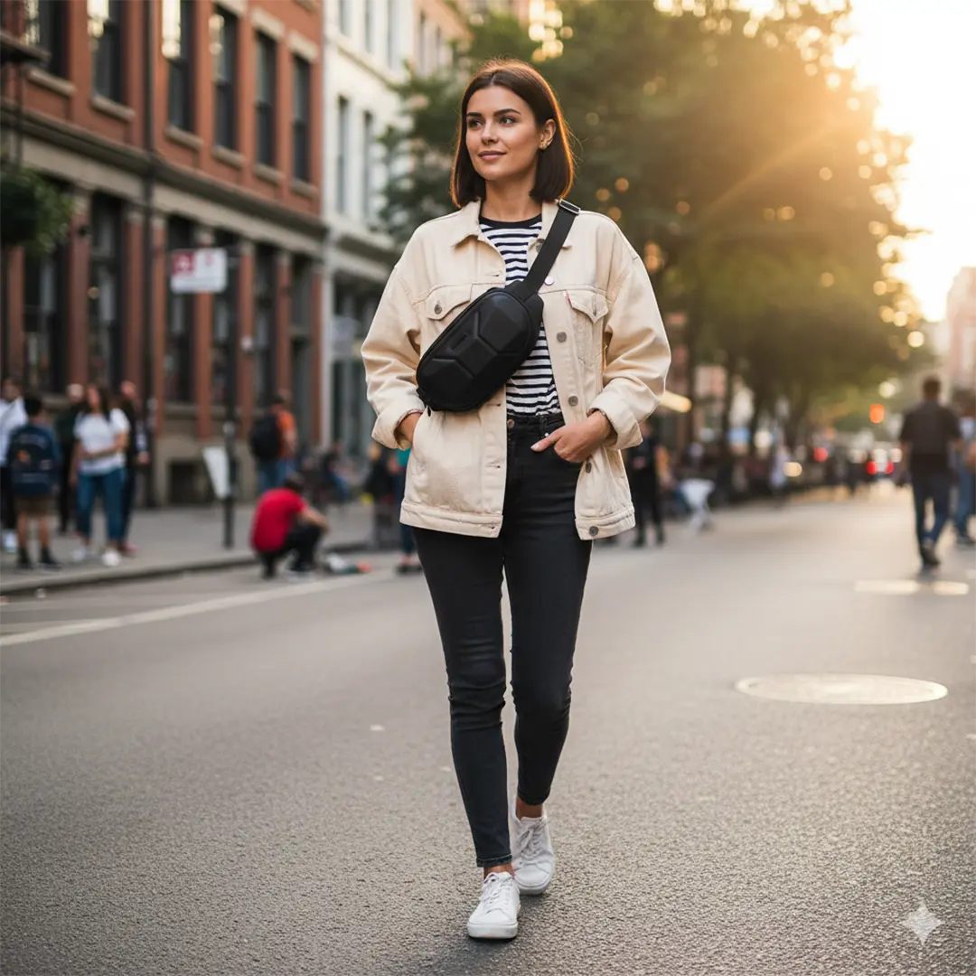 Woman walking on a city street with a Green Lion Cleveland Crossbody Bag