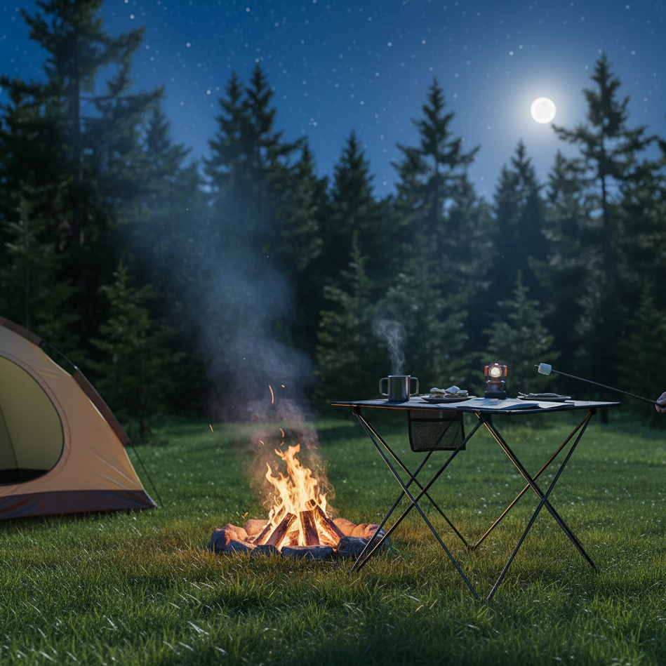 A Green Lion Outdoor Foldable Camping Table is Arranged Near Camping Area..