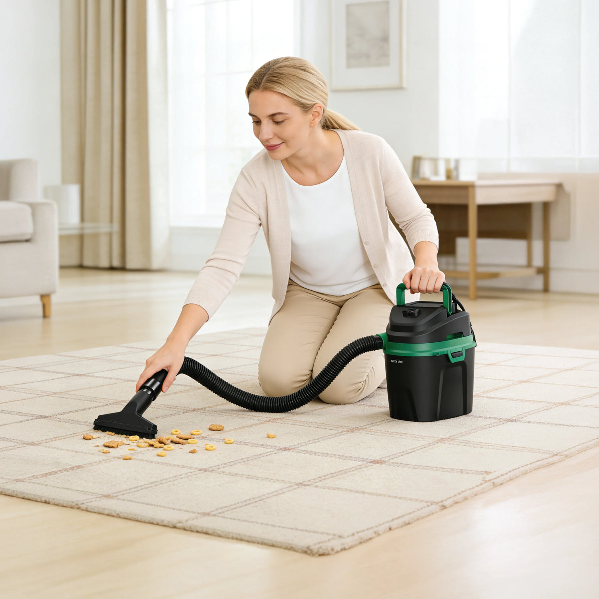 Woman using a Green Lion Force Vacuum 6L Wet & Dry Vacuum Cleaner on a carpet in a living room.