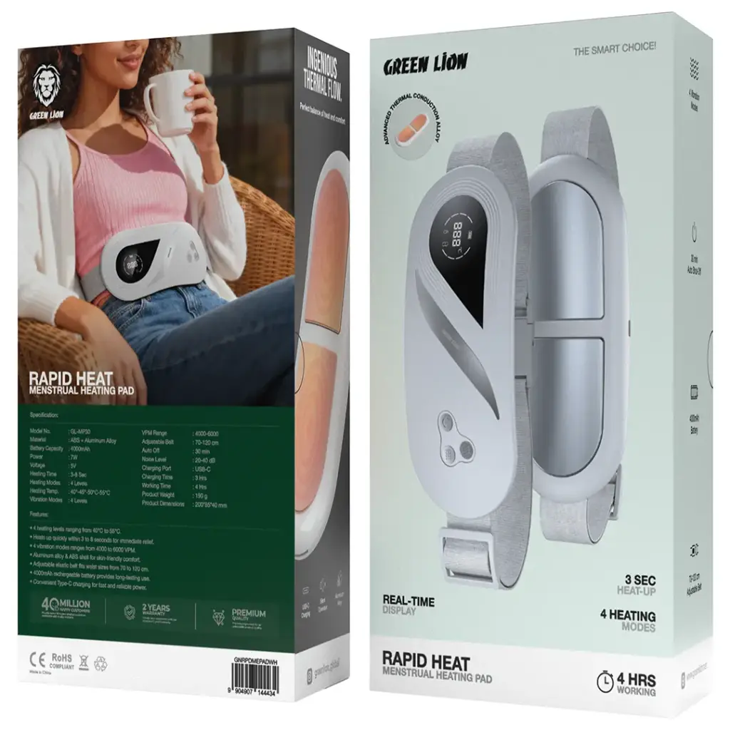 Two packaging boxes for a Green Lion Rapid Heat Menstrual Heating Pad with product images and text.
