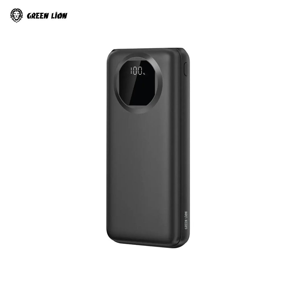 Black Green Lion Nairo 20000mAh Power Bank with digital display on a white background