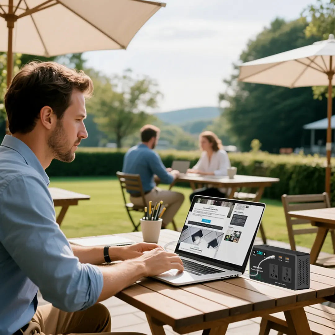 A man using a laptop in an outdoor setting while charging it with the Green Lion Volt Mate 27000mAh Portable Power Station