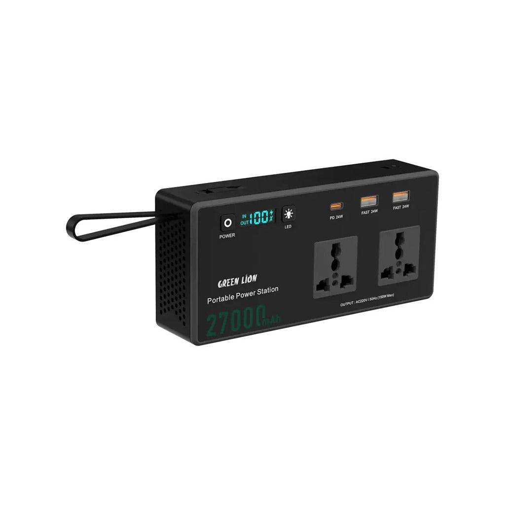 Black Green Lion Volt Mate 27000mAh Portable Power Station with digital display on a white background