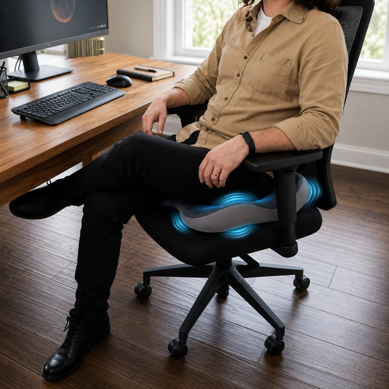 Person sitting on a office chair with Green Lion RELIEVE PRO Seat Cushion in an office setting