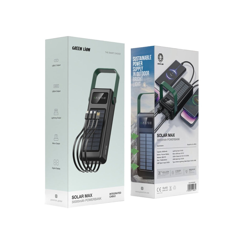 Two packaging boxes for a Green Lion Solar Max 30000mAh Power Bank with product images and text on a white background.