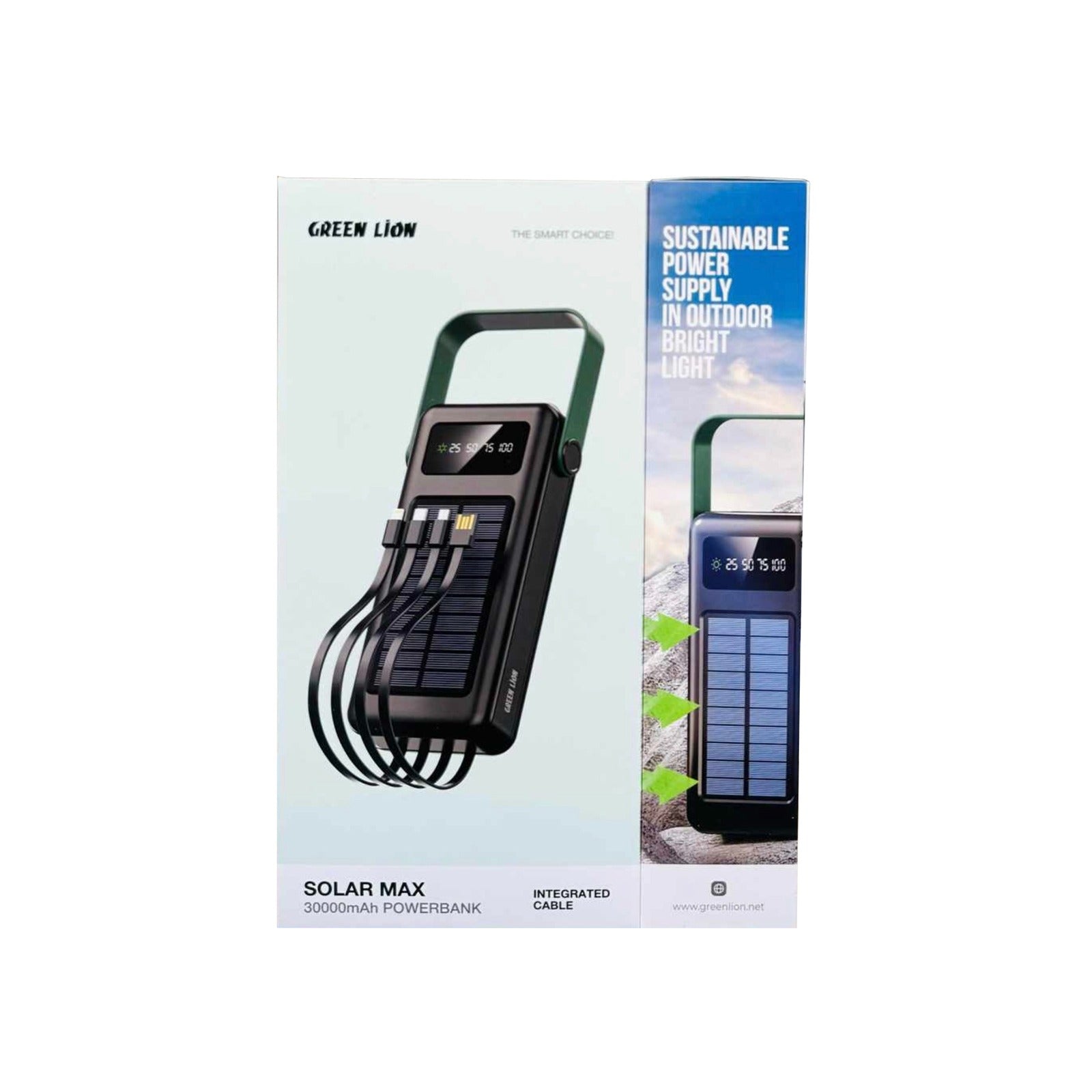 Green Lion solar power bank packaging with product image on a white background