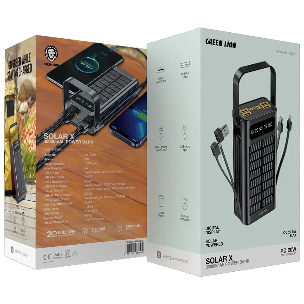 Box details of Green Lion Solar X 30000mAh Power Bank