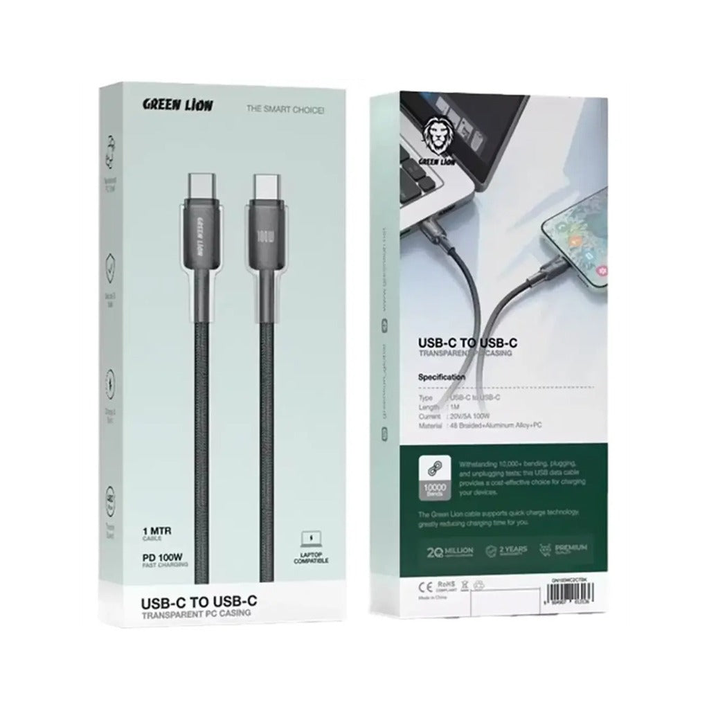 Pack Of Green Lion Transparent USB-C to USB-C Cable.