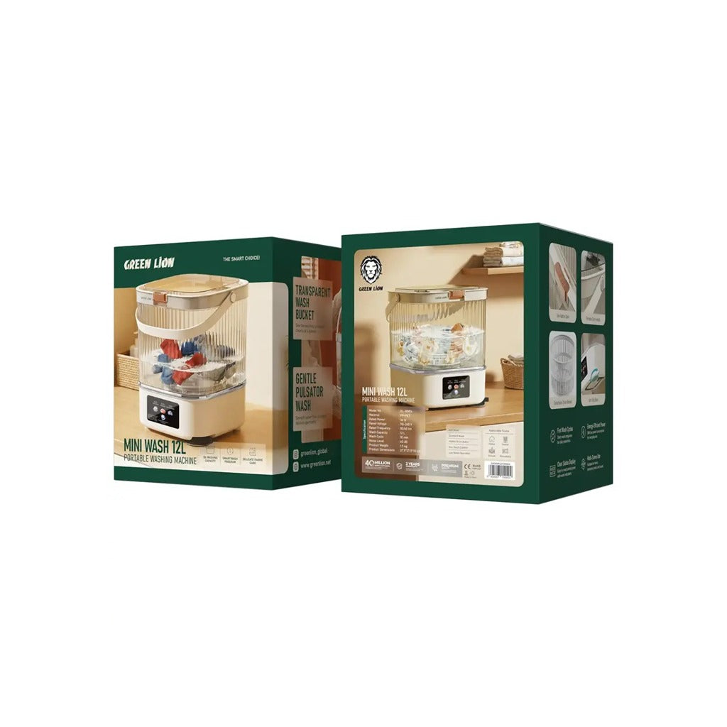 Green Lion 12L Portable Mini Washing Machine packaging on a white background