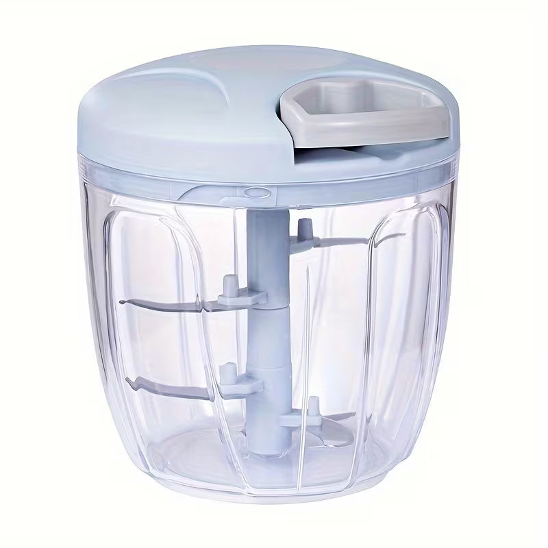 Handheld blender with clear container and light blue lid on a white background
