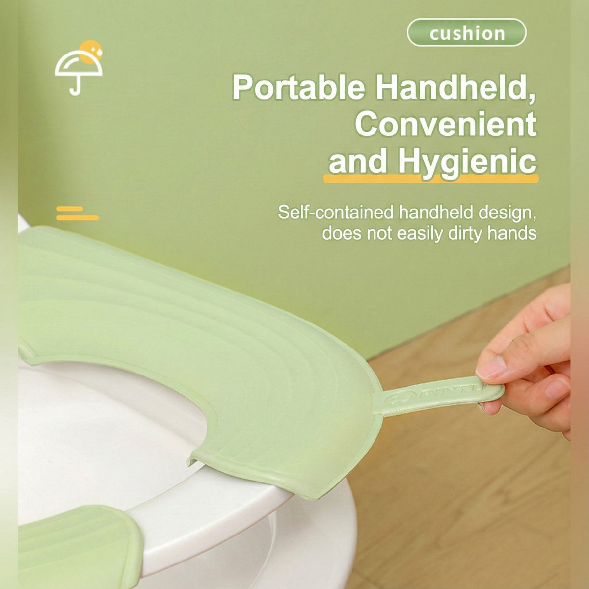 A Person is Pulling the Handle Of Soft waterproof Toilet Seat Cushion Cover, placed on a toilet seat for added comfort and hygiene.