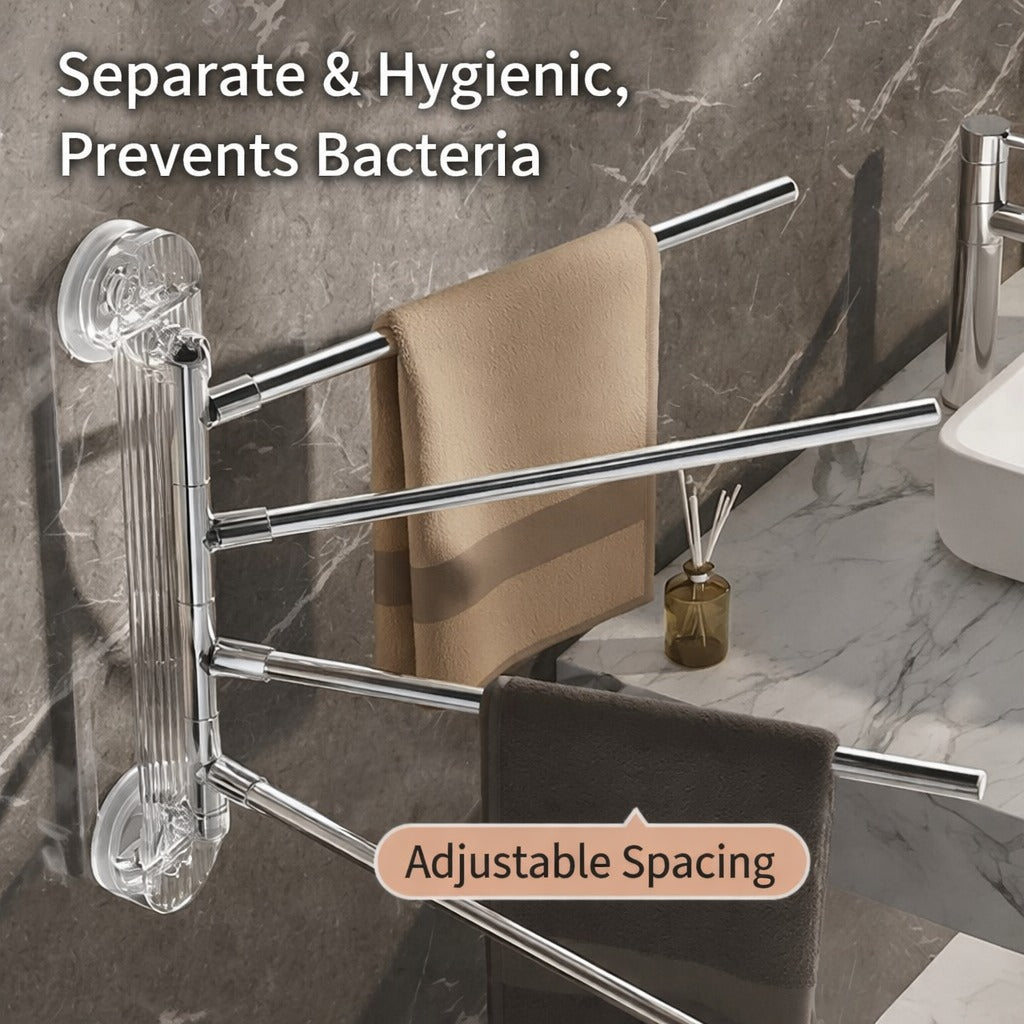 Bath Towels are Hanged on the Towel Rack which is attached on the Wall.