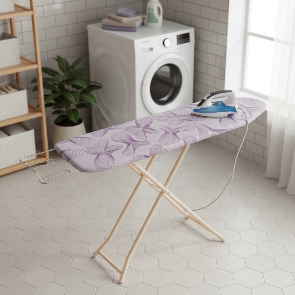 Heavy-duty folding ironing board with iron and clothes set up in a laundry area.