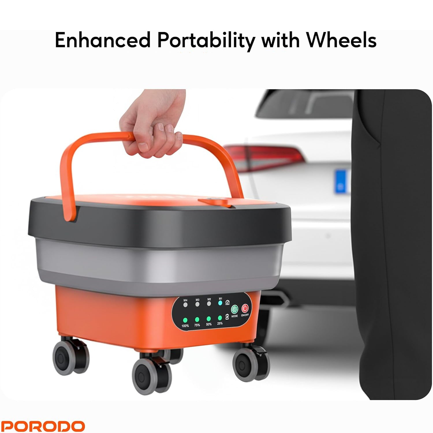 someone is holding Porodo AquaS the pray Multifunctional Pressure Washer.