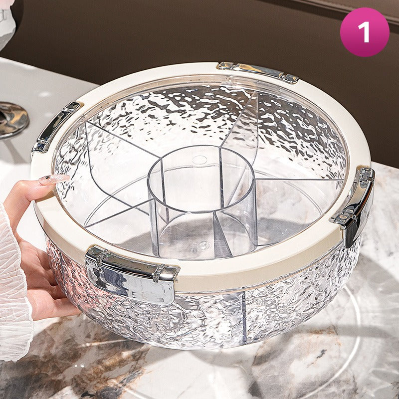 A Person is Holding Press-Down Vacuum Fruit Plate.