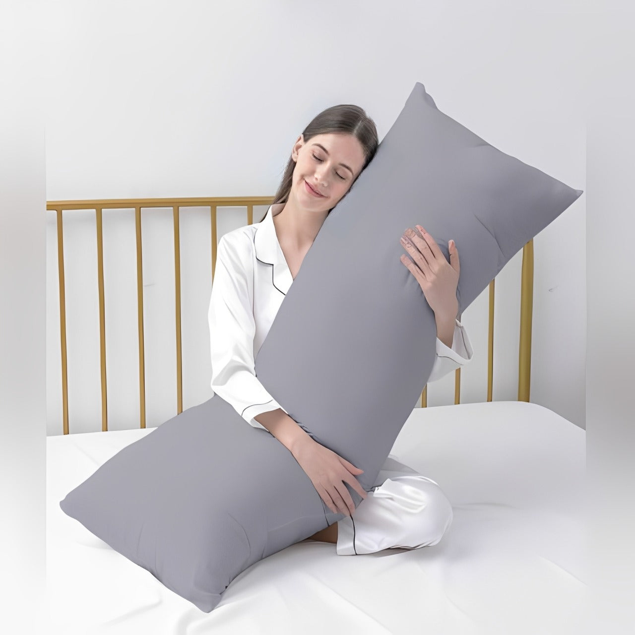 A Woman is Holding and Hugging Body Pillow.