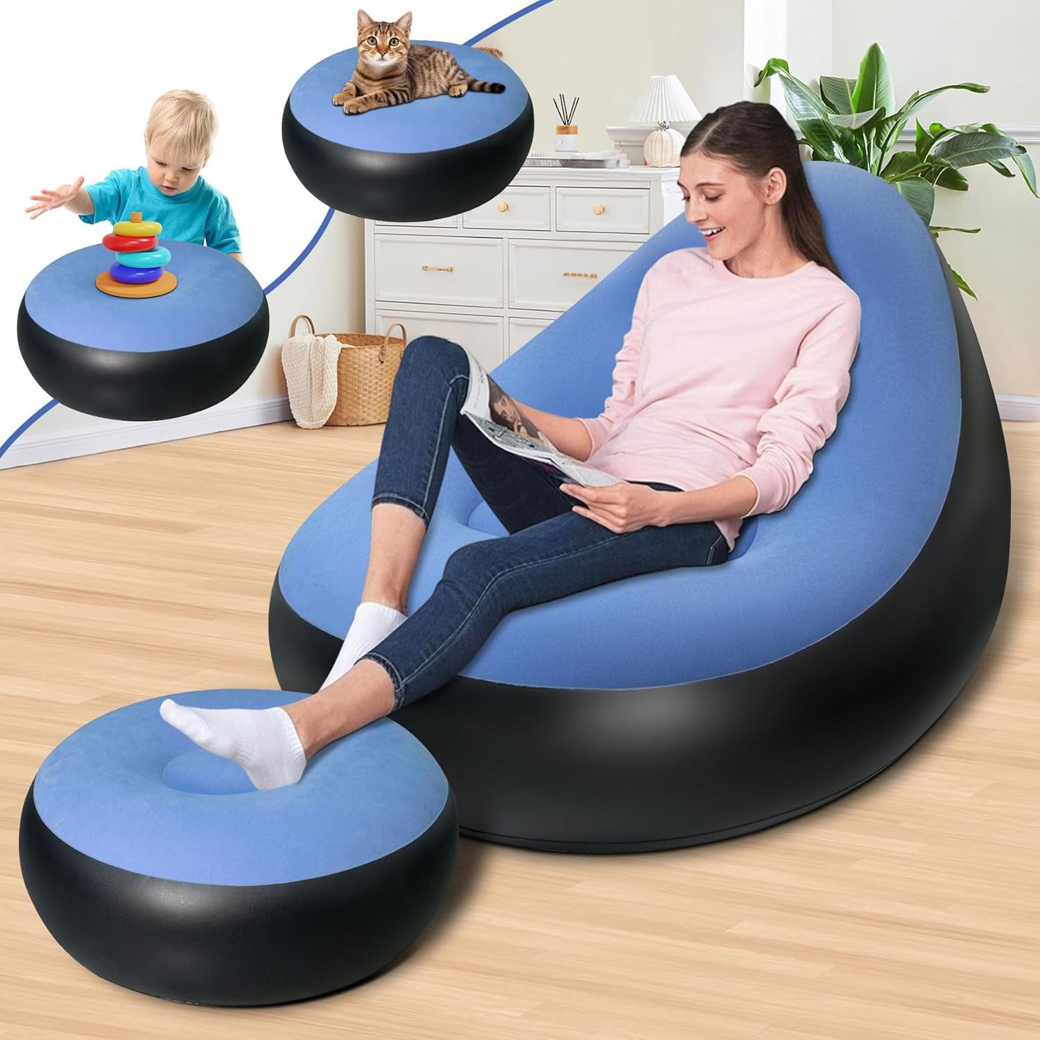 A woman is Resting on a Inflatable Sofa Chair with Foot Stool.