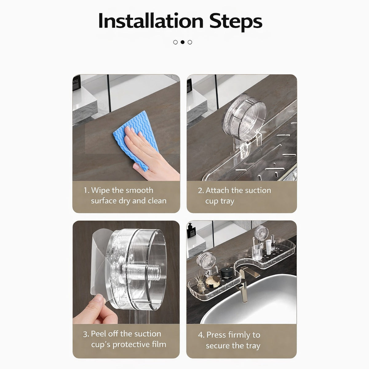 A Person is Demonstrating the Installation Steps of Clear suction bathroom shelf.