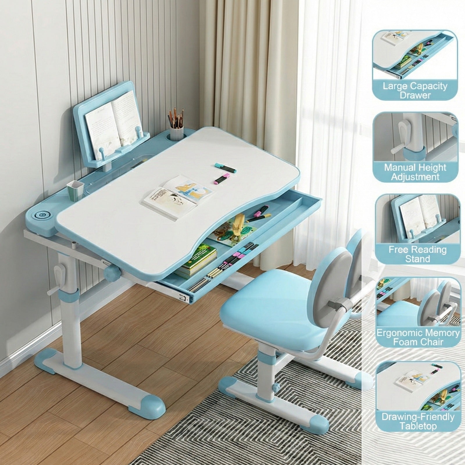 A Kids Study Desk and Chair Set is Organized in a Kids Room with Study Essentials.