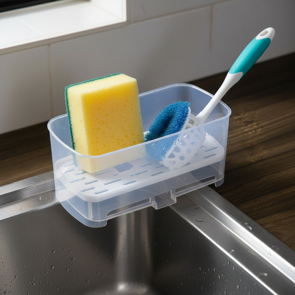 Kitchen Sink Drain Rack Caddy Organizer is Placed Next to Kitchen Sink Organized with Cleaning Tools.