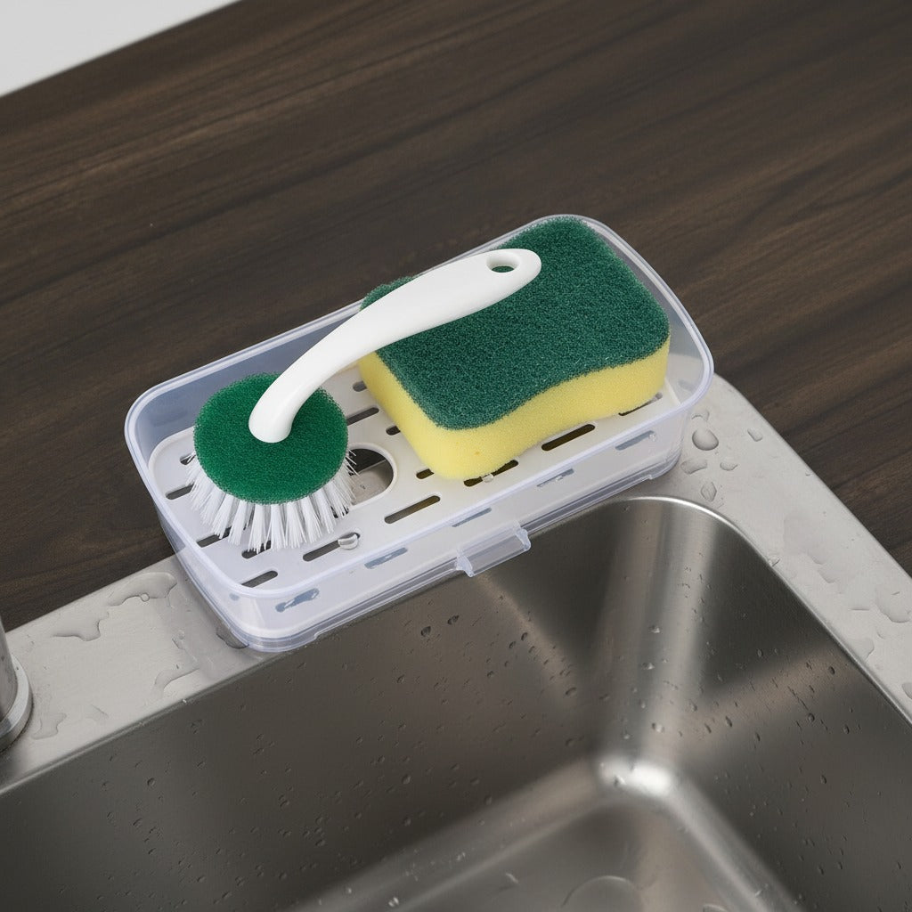 Kitchen Sink Drain Rack Caddy Organizer is Placed Next to Kitchen Sink Organized with Cleaning Tools.