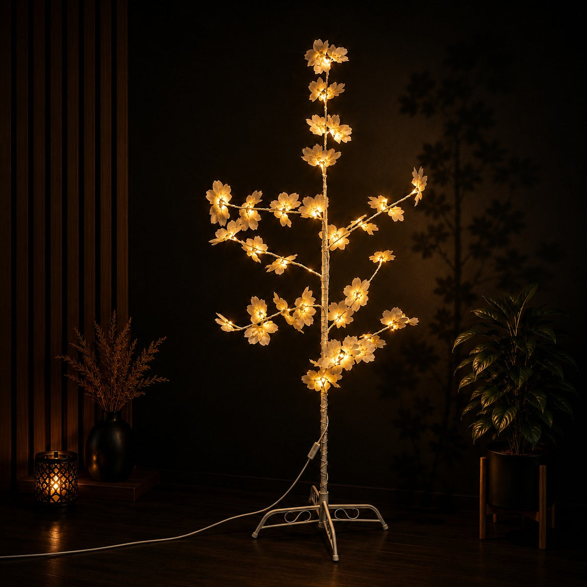 LED Blossom Tree Light Decoration with illuminated flowers on a dark background