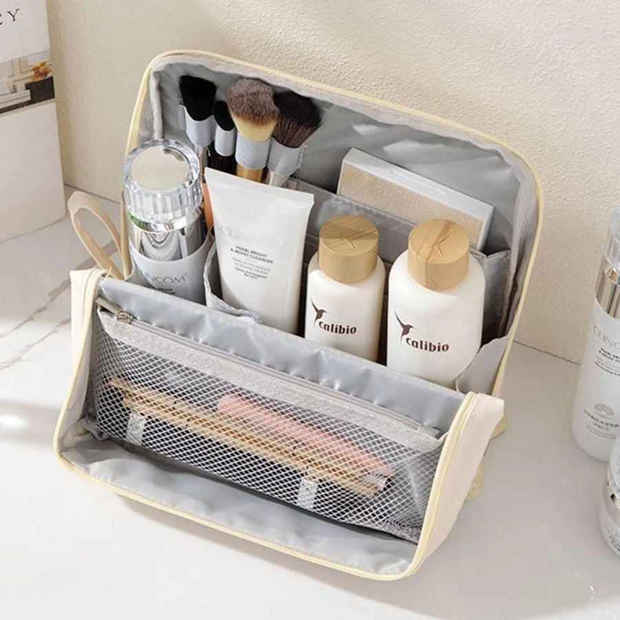 Makeup Bag Cosmetic Storage Organizer is Organized with Makeup Essentials.