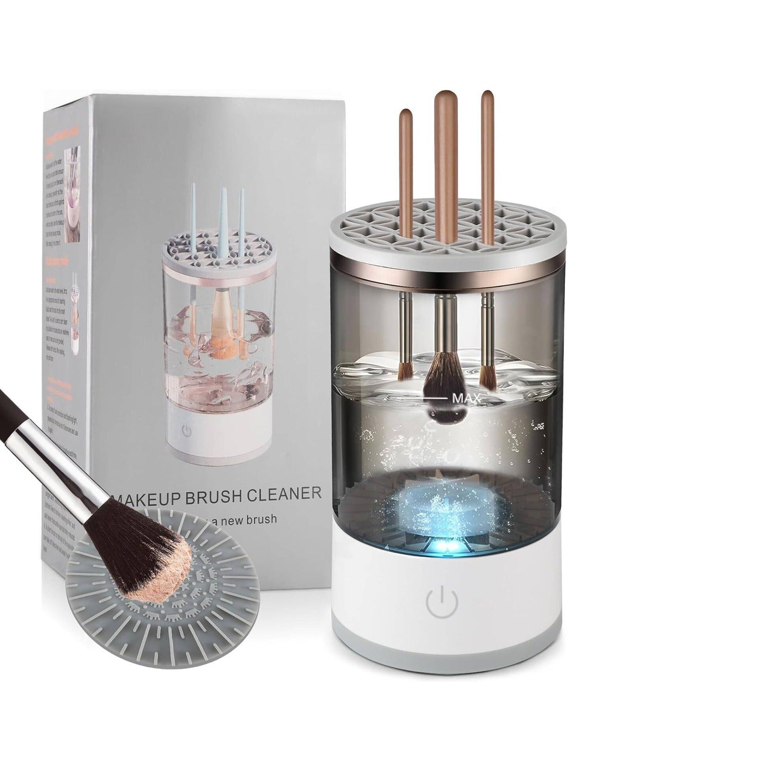 Makeup brush cleaner with brushes and packaging on a white background