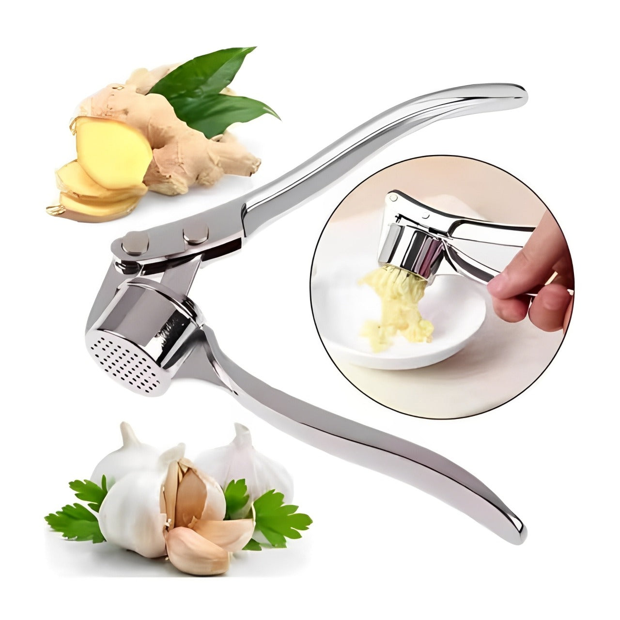A Person is Crushing Ginger Using Manual Lemon Squeezer & Stainless Steel Ginger Garlic Press