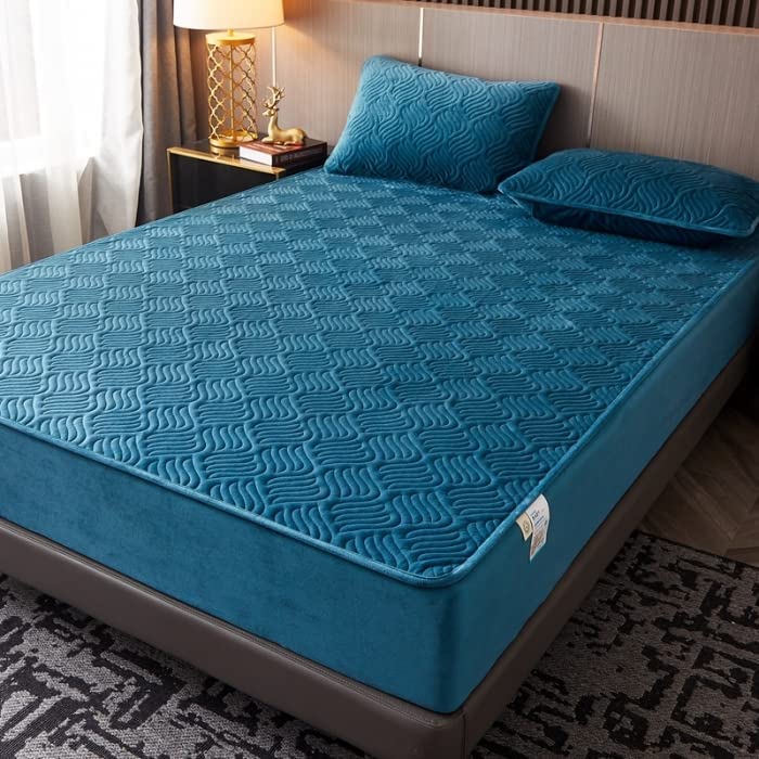 Fitted Size Washable Thicken Quilted Velvet Solid Color Mattress Bedsheet 
