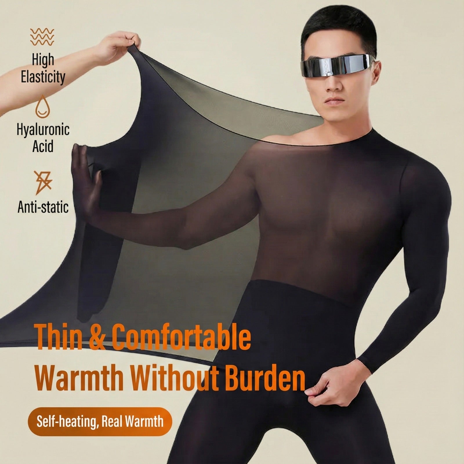 A Person is Wearing Men's Thermal Underwear Top & Bottom Set.