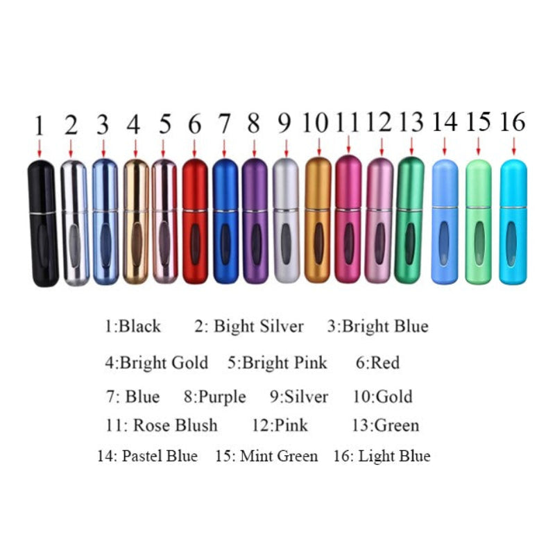 A collection of Mini Perfume Refill Bottle - Pocket Size Perfume Atomize in various vibrant colors, all belonging to the same type, neatly arranged side by side