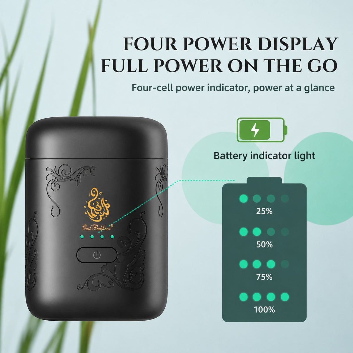 Mini Portable Electric Bakhoor Burner with battery indicator light and brand logo on a light blue background