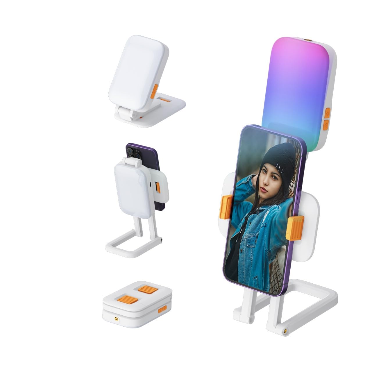 Mobile Phones are Placed at D2 Pro LED Live Streaming Light Mobile Phone Holder at Different Positions.