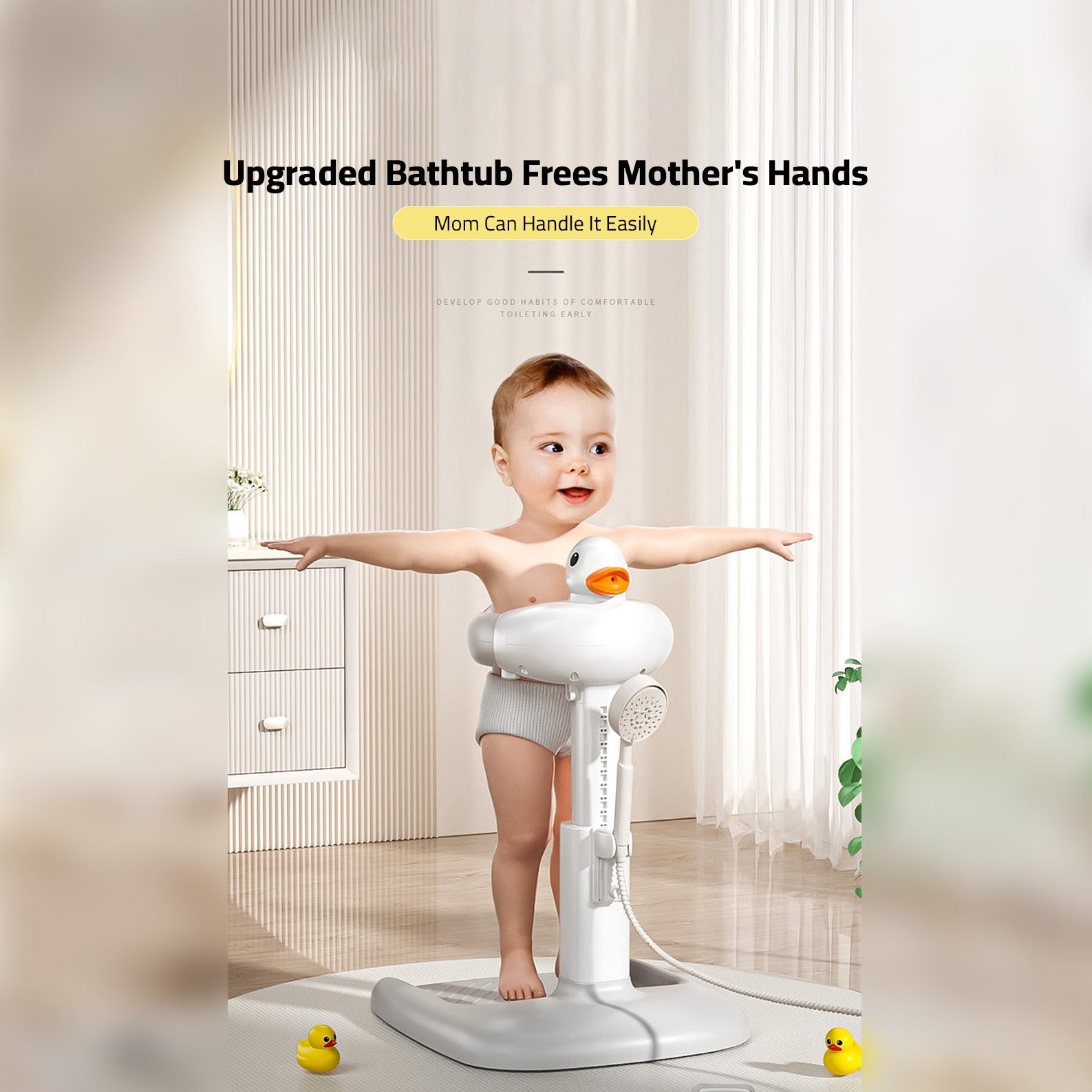 A Model Of Baby is Fixed on Cute Duck Baby Bathing Station.