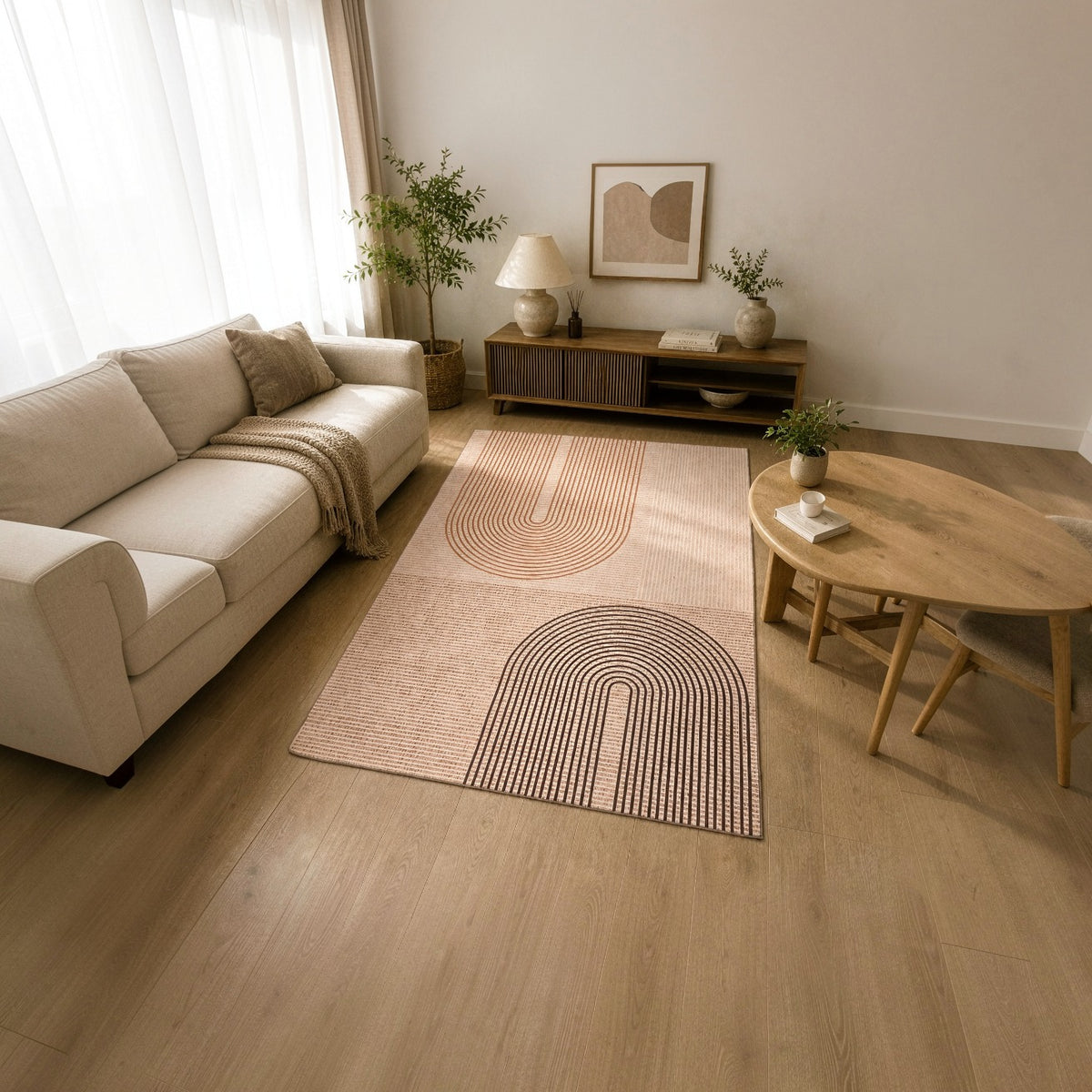 Living room with a Modern Non Slip Rug Floor Mat beige sectional sofa, round wooden coffee table, and a patterned rug.