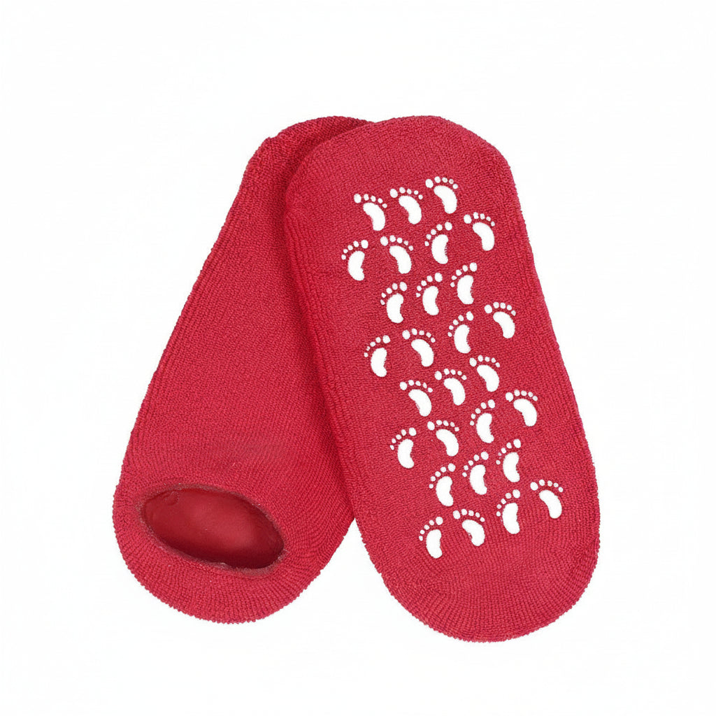 Moisturizing Spa Gel Socks with white footprints on a white background