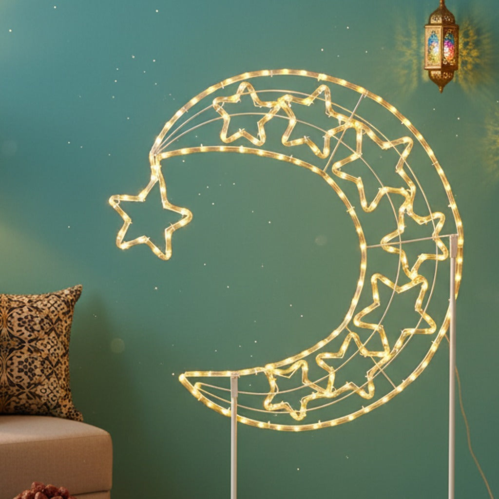 LED Moon & Star Floor Standing Light are Placed in a Living Area with a Ramadan Ambience.
