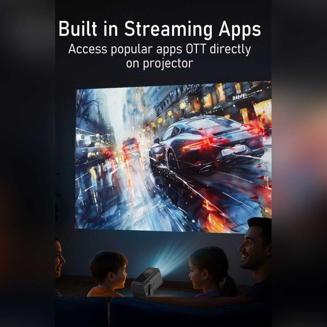 Family watching a movie projected onto a screen using Moxedo Astra Smart Android Projector with text about built-in streaming apps