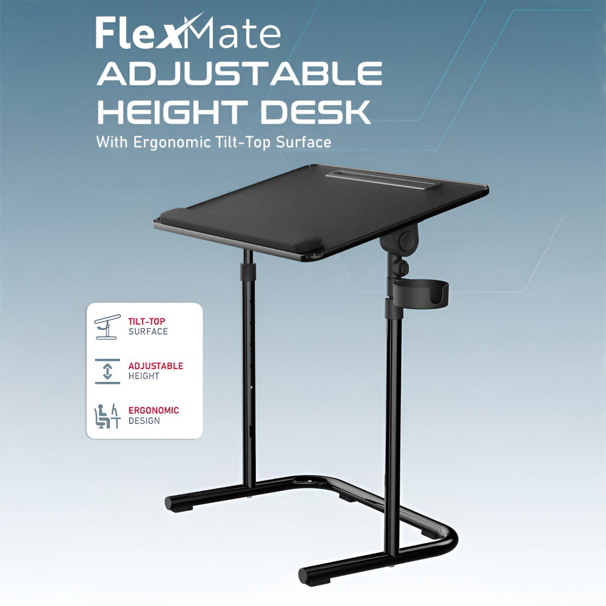 Moxedo FlexMate Adjustable Height Laptop Desk  in black, featuring a tilt-top surface and ergonomic design, shown on a blue gradient background with product feature callouts.