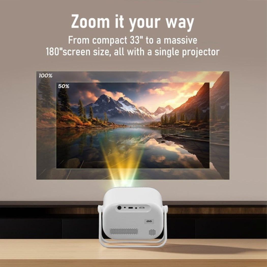 Moxedo Optivus Smart Android Projector displaying a scenic mountain view on a screen with promotional text.
